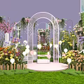 Decorative Garden Display Model With Green Plants Pink Flower Tree And White Railings 3d model