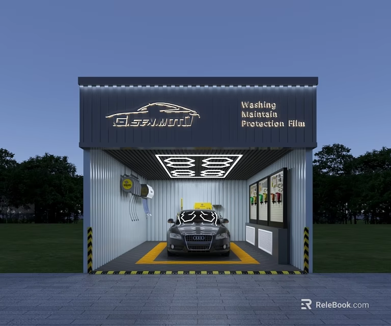 Car Waxing And Protection Film Service Garage With Vehicle Inside Yellow Lines And Lighting 3d model 