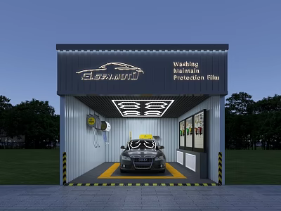 Car Waxing And Protection Film Service Garage With Vehicle Inside Yellow Lines And Lighting 3d model