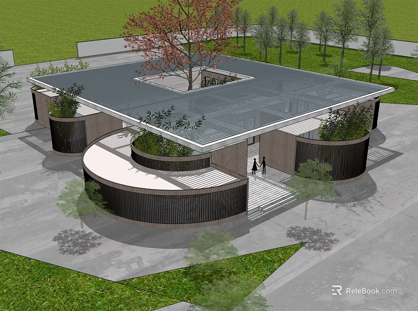 Modern Circular Building Design With Open Roof Tree And Green Plants Entrance 3d model 