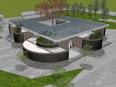 Modern Circular Building Design With Open Roof Tree And Green Plants Entrance 3d model