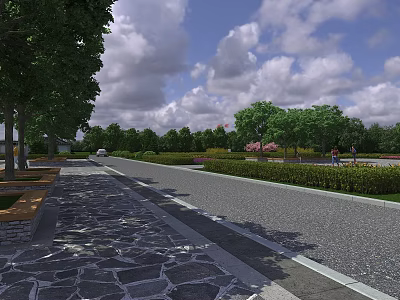 Urban Road Facilities With Cobblestone Pavement Green Belts Trees And Distant Vehicles Under Cloudy Sky 3d model