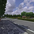 Urban Road Facilities With Cobblestone Pavement Green Belts Trees And Distant Vehicles Under Cloudy Sky