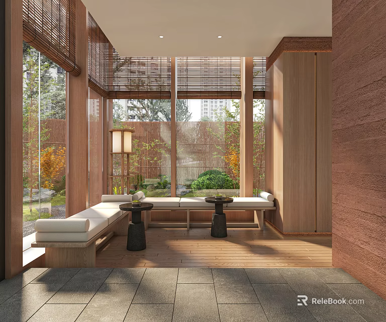Hotel Public Lounge Interior Design With Woven Screens Large Windows Bench Seating And Natural Light 3d model 