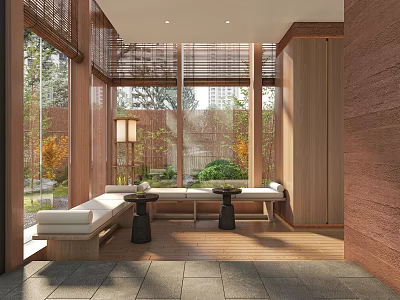 Hotel Public Lounge Interior Design With Woven Screens Large Windows Bench Seating And Natural Light 3d model