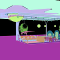 Dinosaur Themed Children's Playground With Blue Canopy Round Decorations Tables Chairs And Dinosaur Models