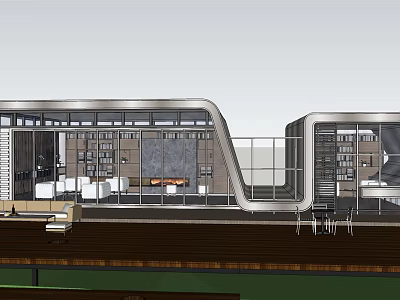 Modern Architecture Interior With Glass Curved Structure Open Space And Bookshelves 3d model