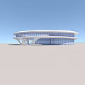 Modern Circular Building With Large Glass Windows Sleek Supporting Structure Under Clear Blue Sky 3d model