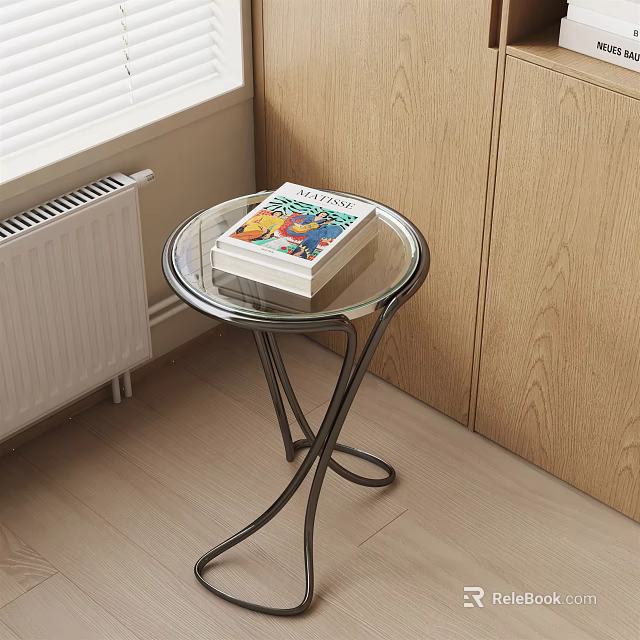 Round Side Table with Glass Top Metal Frame and Stack of Books Near Window 3d model 