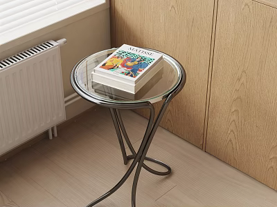 Round Side Table with Glass Top Metal Frame and Stack of Books Near Window 3d model