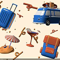 Cartoon Travel Scene With Blue Van Suitcase Backpack And Cocktail Umbrella