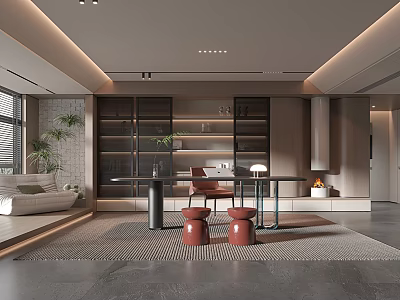 Modern Study Room Interior Design With Open Bookshelves Desk Chair And Potted Plant 3d model