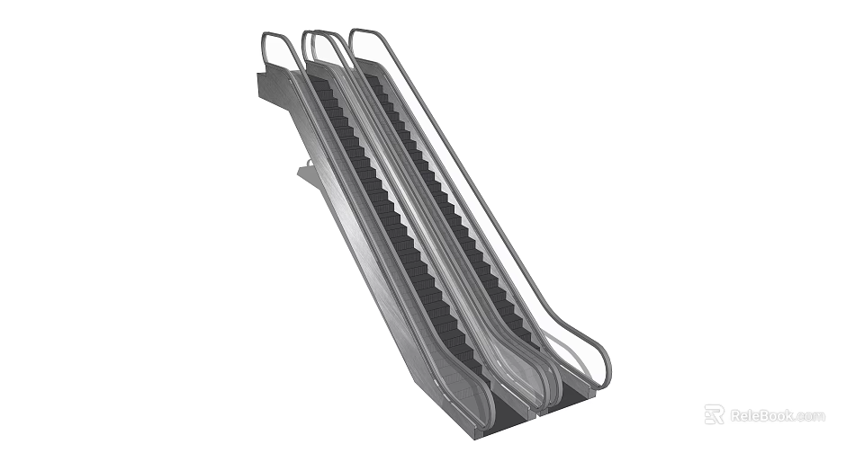 Dual Escalator With Metal Handrails And Moving Steps For Public Buildings 3d model 