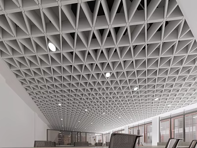 Modern Geometric Ceiling Design With Triangular Grid And Recessed Lighting 3d model