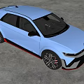 Blue Compact Hatchback With Modern Design Black Alloy Wheels Red Trim Accents And Minimalist Interior Background
