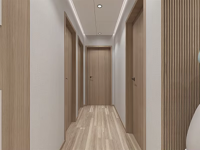 Modern Elevator Hallway With Wooden Doors White Walls And Light Wood Flooring 3d model