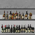 Stylish Wine Bottles and Glasses Display on Modern Shelves with Diverse Liquor Types