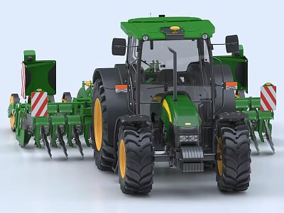 Green Agricultural Tractor With Attached Farming Implements For Efficient Agricultural Operations 3d model