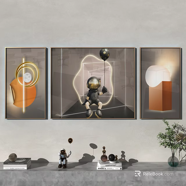 Abstract Wall Art Set With Astronaut Figure And Geometric Design Elements 3d model 