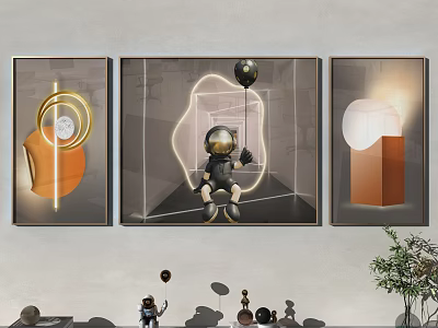 Abstract Wall Art Set With Astronaut Figure And Geometric Design Elements 3d model