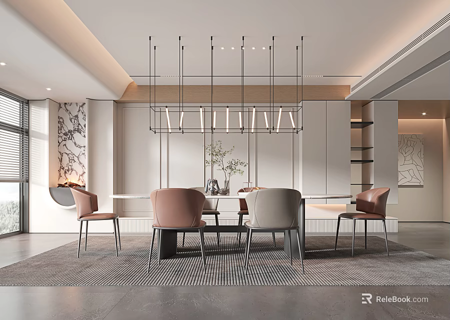 Modern Restaurant Interior Design With Dining Table Chairs And Pendant Lights 3d model