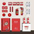 Fire Equipment Display With Red Fire Extinguishers Hydrant Cabinets And Alarm Buttons 3d model