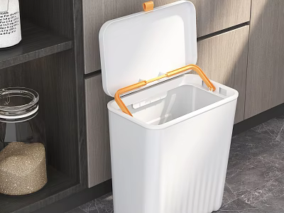 Public Facility White Trash Bin With Lid And Orange Handle In Kitchen Cabinets Area 3d model