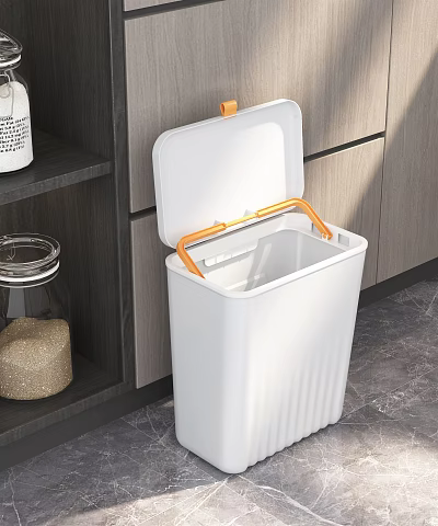 Public Facility White Trash Bin With Lid And Orange Handle In Kitchen Cabinets Area 3d model
