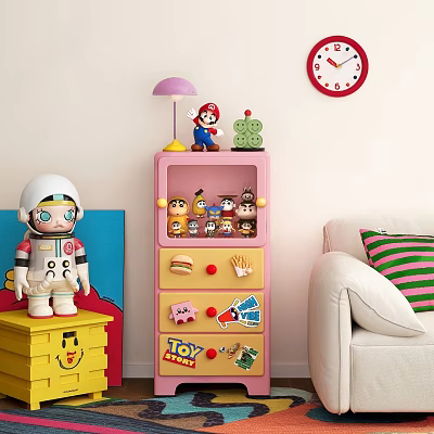 Pink And Yellow Drawer Style Toy Figure Cabinet With Mario Figurine And Small Toys Inside 3d model