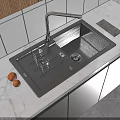 Modern Stainless Steel Kitchen Sink With Faucet Drying Rack And Lemons On Marble Countertop