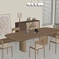 Wooden Dining Table And Chairs Set On Beige Rug With Pendant Lights And Sideboard