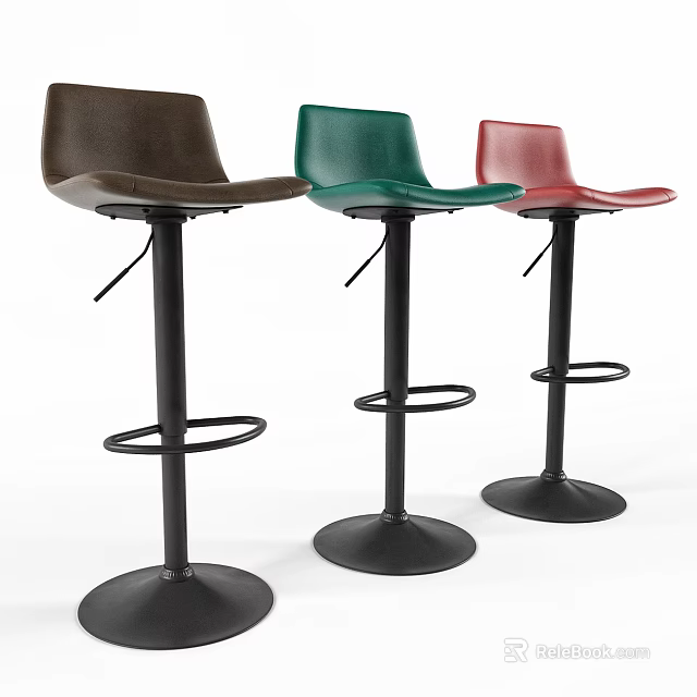 Modern Bar Stools In Brown Green Red With Black Metal Base And Footrest 3d model 