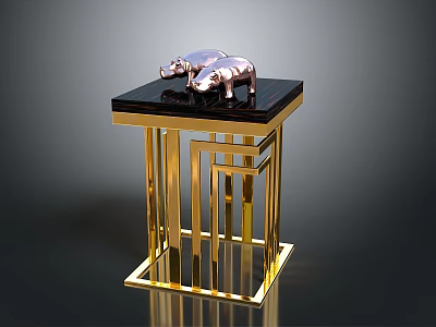 Small Table With Black Tabletop And Golden Metal Frame Featuring Two Pink Pig Shaped Ornaments 3d model