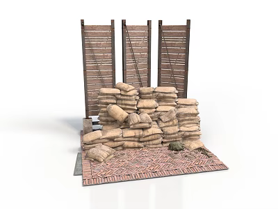 Sandbags Stacked With Wooden Boards On Brick Ground Structure Setup 3d model
