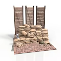 Sandbags Stacked With Wooden Boards On Brick Ground Structure Setup