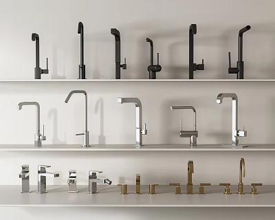Various Style Faucets in Black Silver Gold on White Shelves 3d model