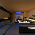 Modern Restaurant Interior With Blue Hanging Decorations Open Layout And Warm Lighting 3d model