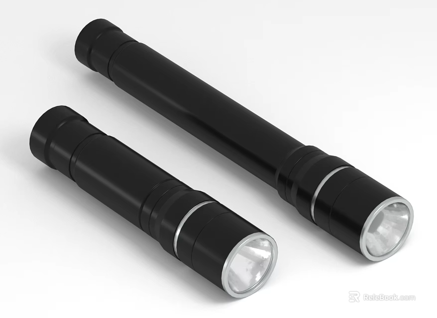 Two Black Flashlights Featuring Cylindrical Design And Silver Trimmed Heads On White Background 3d model