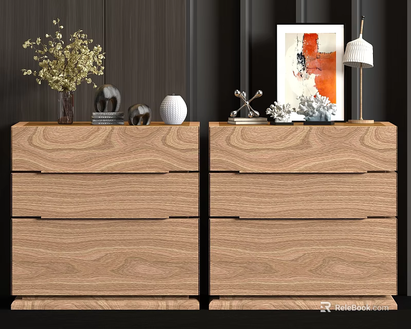 Pair of Modern Wooden Bedside Tables with Vase Dried Flowers Lamp and Artwork 3d model 