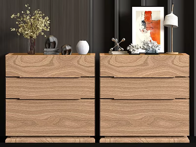 Pair of Modern Wooden Bedside Tables with Vase Dried Flowers Lamp and Artwork 3d model