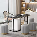Elegant Modern Tea Table And Chairs With Black Tabletop Gold Frame And Gray Stools 3d model