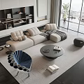 Modern Living Room Beige Sectional Sofa And Black Round Coffee Table Set With Decorative Pillows