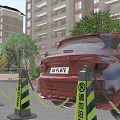 Parking Lot With Red Car Yellow Black Warning Posts No Parking Signs Building Trees