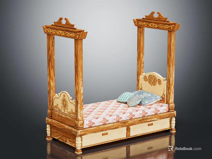 Classic Wooden Four Poster Single Bed With Carved Headboard Pink Checkered Mattress And Decorative Pillows 3d model 