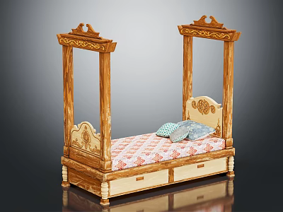 Classic Wooden Four Poster Single Bed With Carved Headboard Pink Checkered Mattress And Decorative Pillows 3d model
