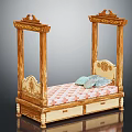 Classic Wooden Four Poster Single Bed With Carved Headboard Pink Checkered Mattress And Decorative Pillows