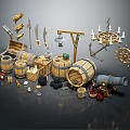 Medieval Weapons Collection With Barrels Swords Anchor And Cannon Decor Items