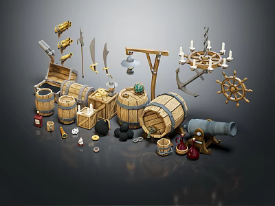 Medieval Weapons Collection With Barrels Swords Anchor And Cannon Decor Items 3d model