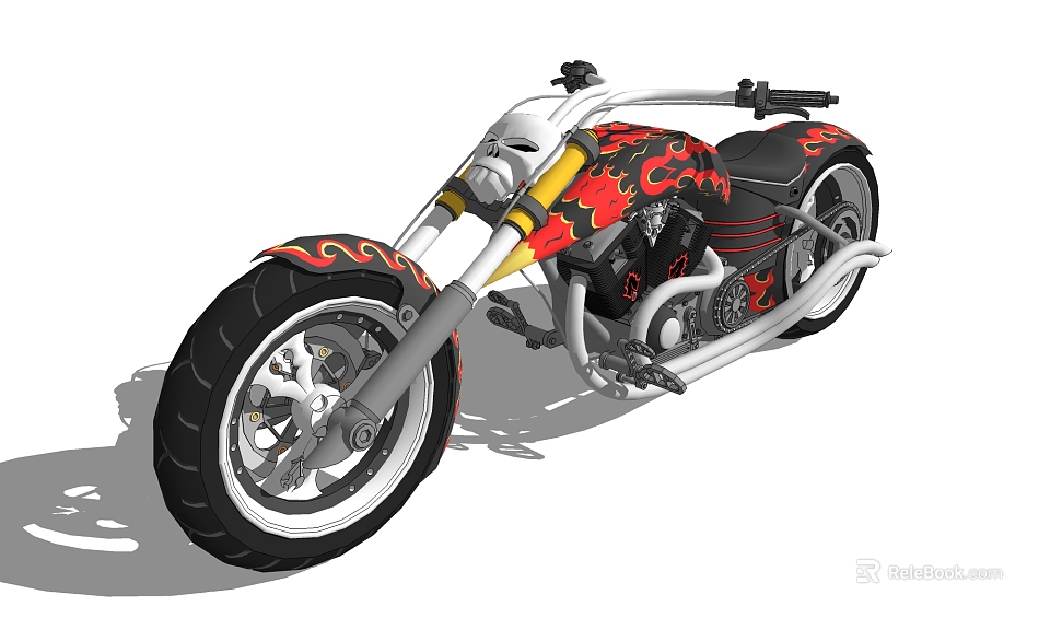 Stylish Custom Motorcycle With Red Flame Graphics Black Body And Large Chrome Wheels 3d model 