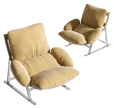 Beige Velvet Single Seater Sofa With Comfortable Cushions And Silver Metal Frame 3d model